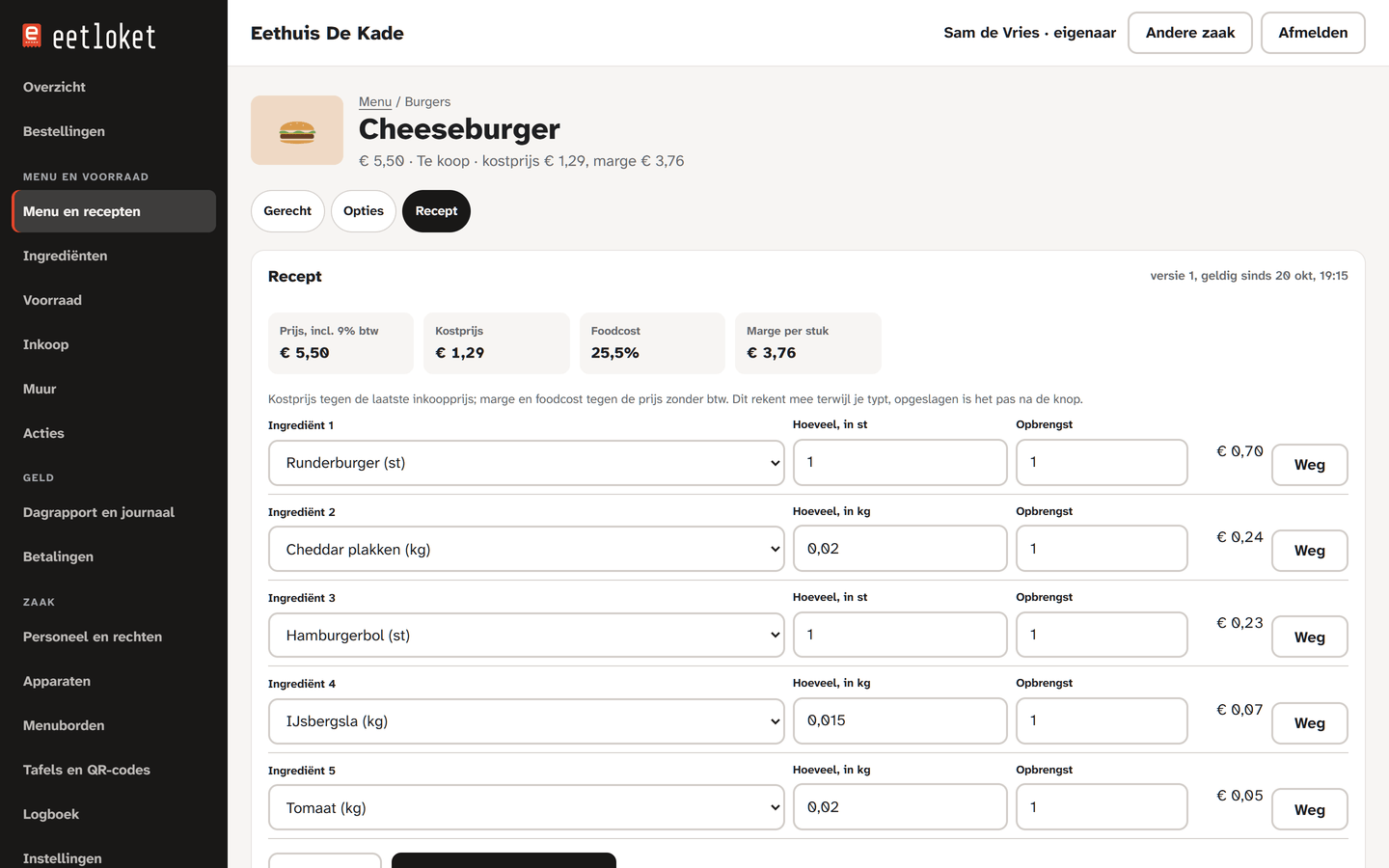 An item in the back office, on the Recipe tab: price, food cost, food-cost percentage and margin, and the ingredients with their quantities.