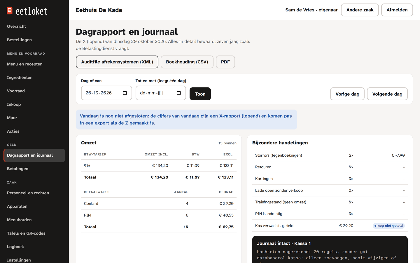 The daily report in the back office: sales by VAT rate and payment method, exports as audit file, CSV and PDF, and a note that the journal is intact.
