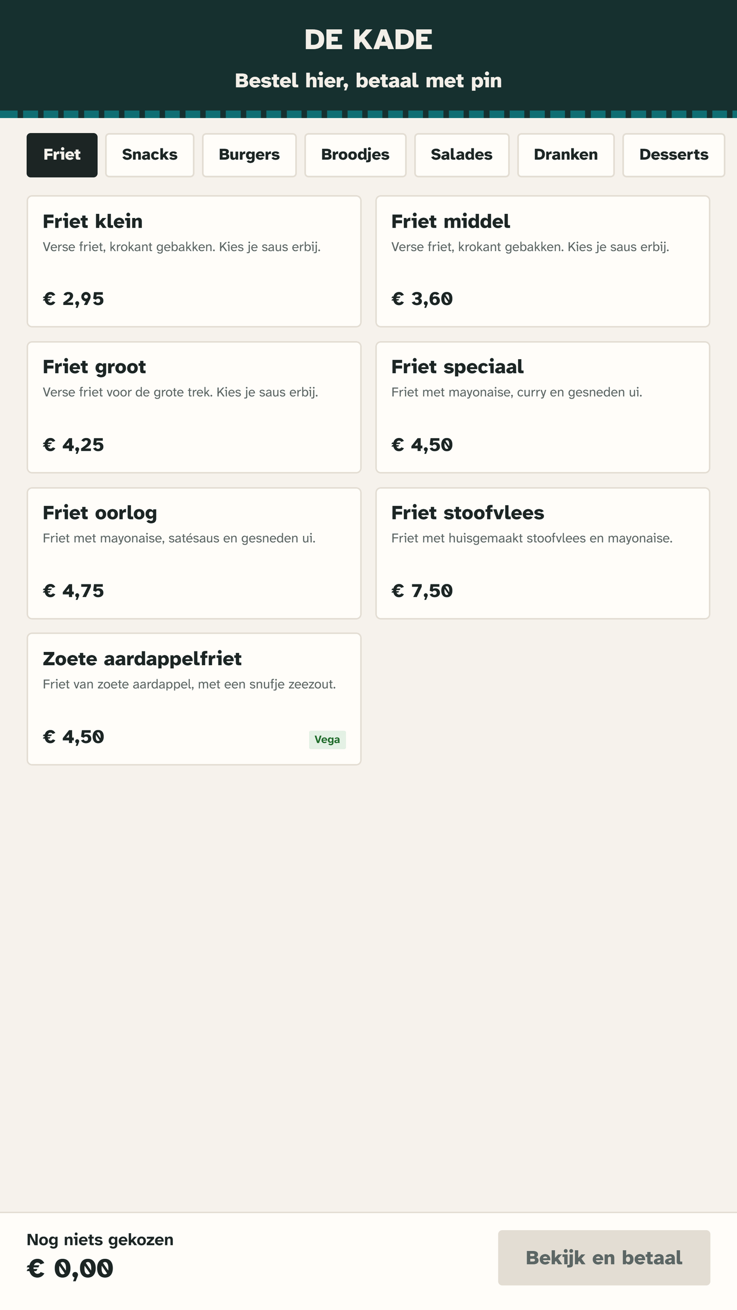 De Kade's upright kiosk: the fries category with each kind and its price.
