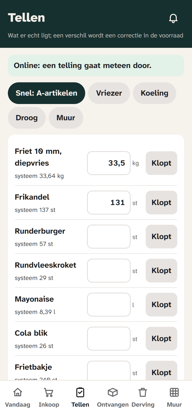 The manager app on Count: for each item the counted quantity beside what the system expects, with a button to confirm, and filters for freezer, cooler and dry storage.