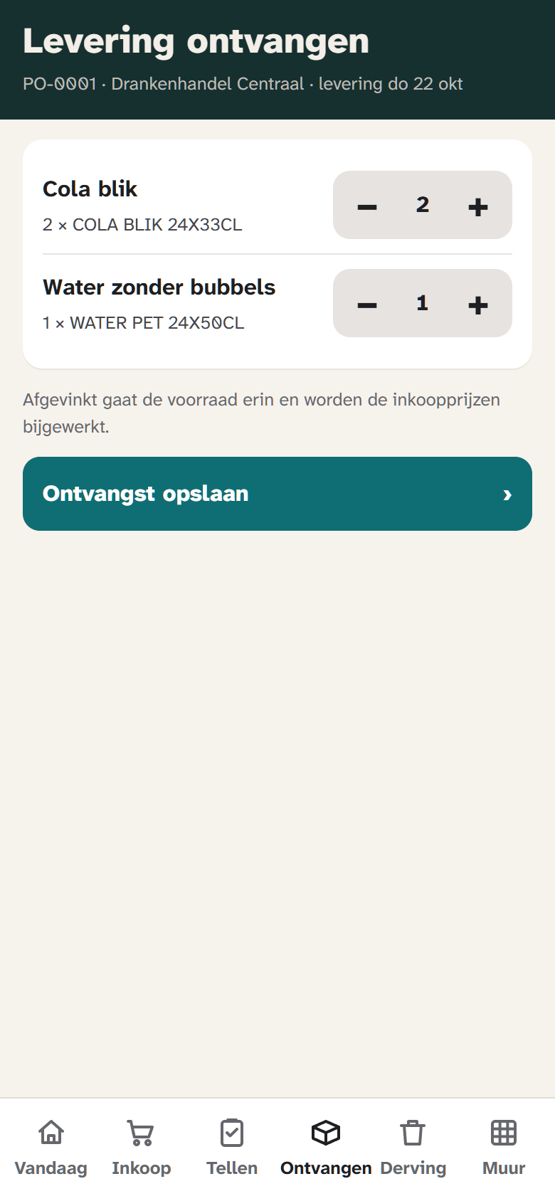 The manager app on Receive delivery: a purchase order from a drinks supplier with the delivered quantity per item and a button to save the receipt.
