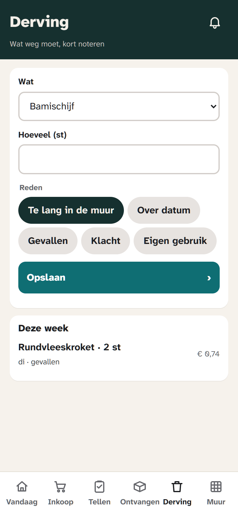 The manager app on Waste: pick an item, a quantity and a reason, with this week's waste below.