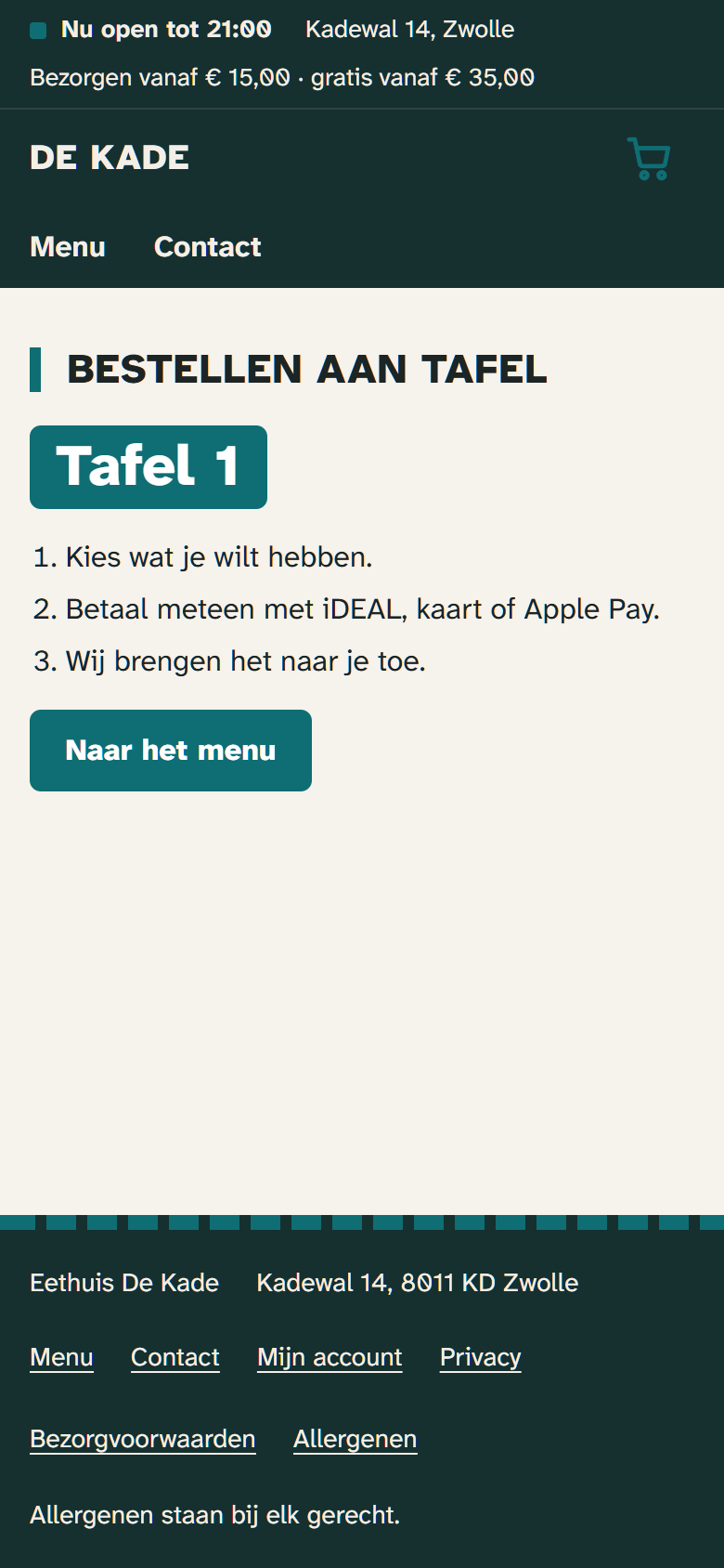 Eethuis De Kade's ordering site on a phone after scanning the QR code on table 1: three steps (pick what you want, pay right away, we bring it over) and a button to the menu.