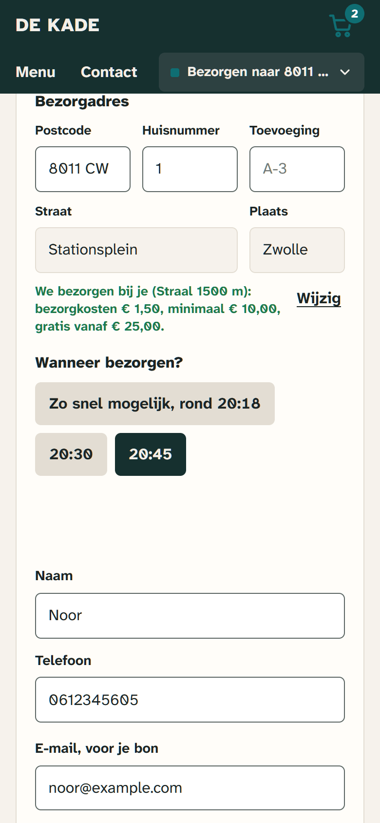 Checkout for delivery on a phone: the address by postcode and house number, a note that it falls inside the delivery zone with the delivery fee, and a choice between as soon as possible and a time slot.