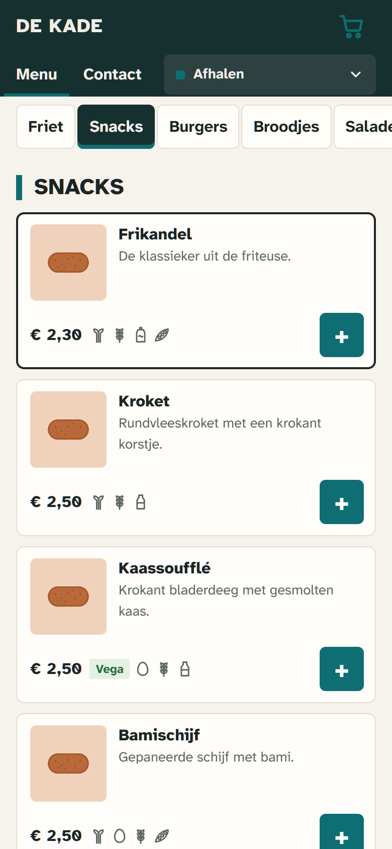De Kade's ordering site on a phone, at the snacks: frikandel, kroket, cheese soufflé and bami bite, each with price and allergens.