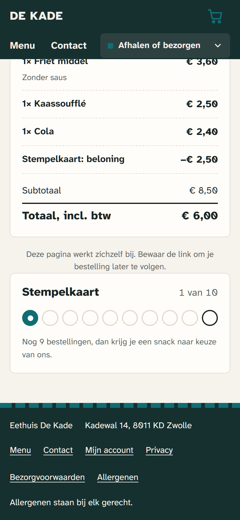 The order page on a phone: a stamp card reward is taken off the total, and the stamp card shows how far along the guest is.